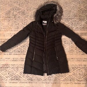Women's Black Puffer Jacket with Faux Fur Hood